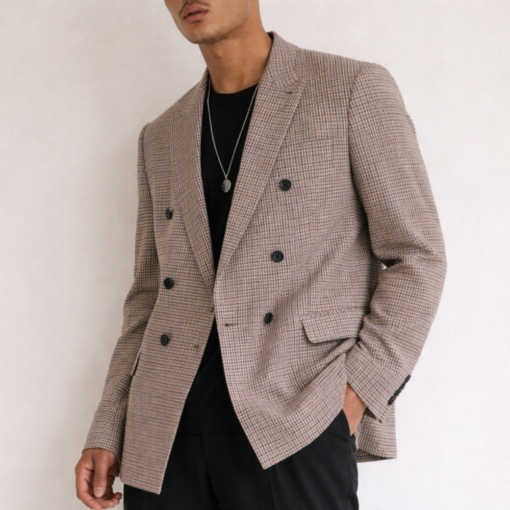 ASOS Brown Pink Plaid Check Houndstooth Double Breasted Blazer 44R NWT